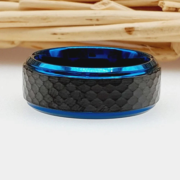 "Hammered Center Black & Blue Tungsten Wedding Band, GALTUN937 - Picture 5 of 5